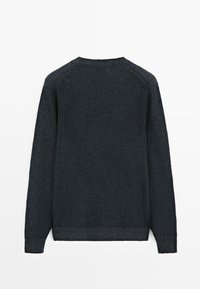 Maglione scuro a coste con maniche lunghe, collo rotondo e finitura testurizzata. Presenta cuciture raglan sulle spalle e un orlo semplice.