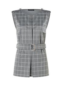 Grijze mouwloze top met een wit rasterpatroon, voorzien van een ceintuur in de taille en geplooide details. Hardware accent op de schouders voegt een subtiele design toe.