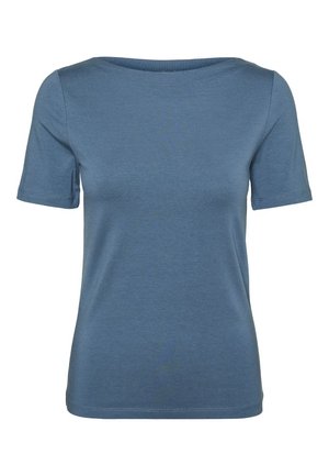 Blaues, kurzärmliges, figurbetontes T-Shirt mit rundem Ausschnitt und glattem, einfarbigem Stoff, von vorne auf weißem Hintergrund dargestellt.