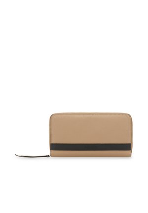 Beige leather wallet with a textured finish, featuring a dark horizontal stripe and a zipper closure. Logo embossed on the front.