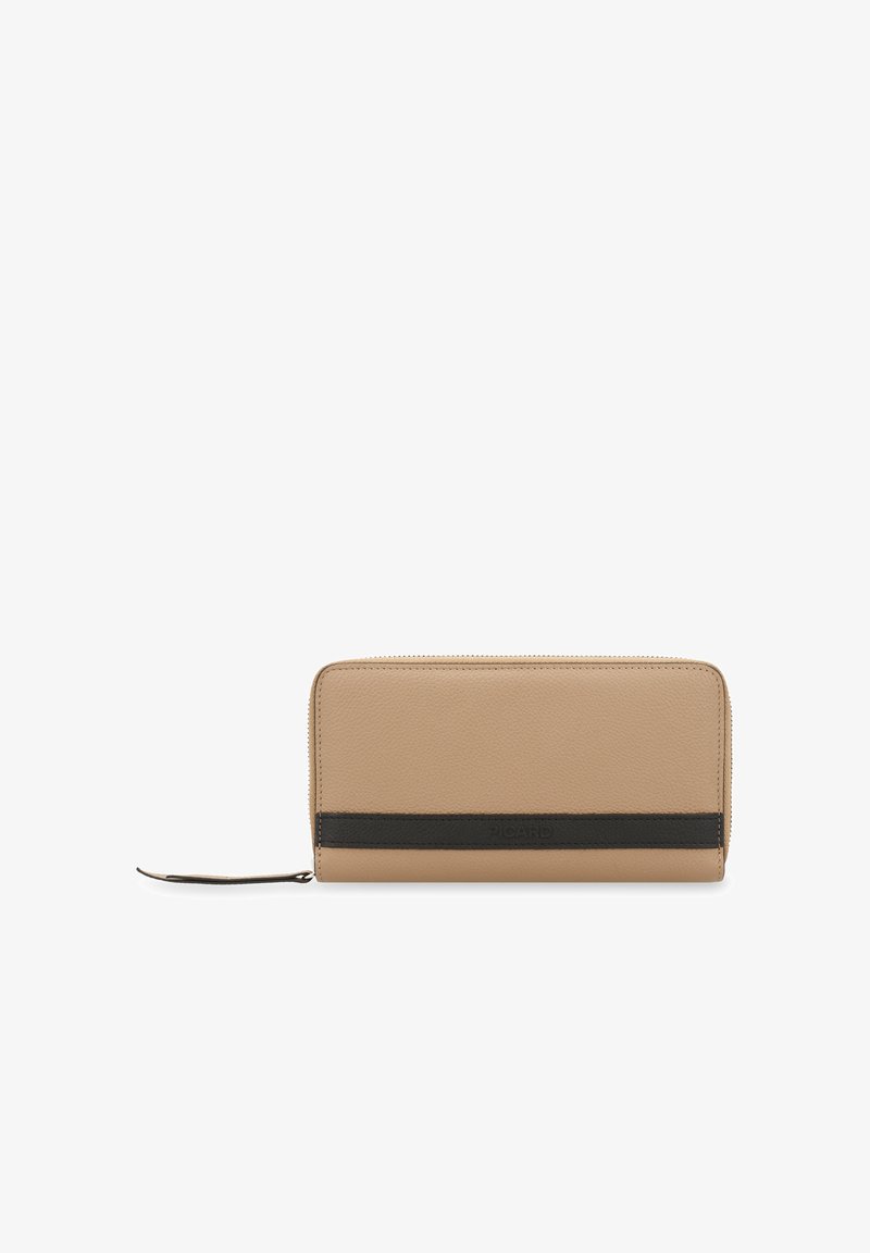 Beige Lederportemonnaie mit strukturiertem Finish, ausgestattet mit einem dunklen horizontalen Streifen und einem Reißverschlussverschluss. Logo auf der Vorderseite geprägt.