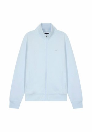 Veste bleu clair à fermeture éclair intégrale avec col montant, manches longues, deux poches avant et petit logo sur la poitrine gauche.