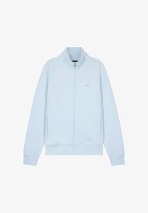 Veste bleu clair à fermeture éclair intégrale avec col montant, manches longues, deux poches avant et petit logo sur la poitrine gauche.