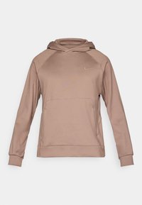 Καφέ φούτερ Nike με μακριά μανίκια, τσέπη καγκουρό και κουκούλα με κορδόνι, φτιαγμένο από ομαλό, ελαφρύ υλικό.