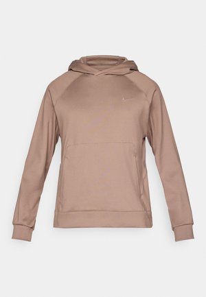 Καφέ φούτερ Nike με μακριά μανίκια, τσέπη καγκουρό και κουκούλα με κορδόνι, φτιαγμένο από ομαλό, ελαφρύ υλικό.