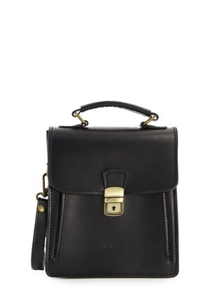 Black leather handbag with a structured shape, top handle, and adjustable shoulder strap. Features a gold-toned lock closure and stitching details.