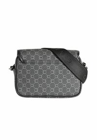 Sac à bandoulière noir à motifs avec des motifs circulaires. Il présente une texture lisse, une bandoulière ajustable et une fermeture à rabat supérieur.