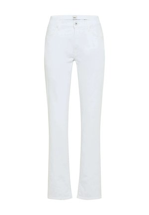 Jeans bianchi a gamba dritta con tasche anteriori, passanti per cintura, chiusura con bottone e un'etichetta del marchio visibile sulla vita.