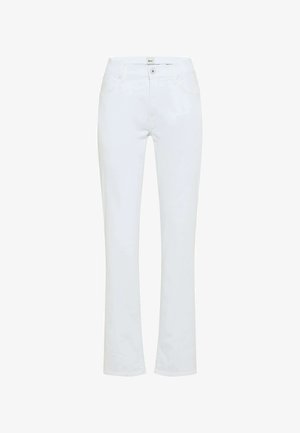 Jeans bianchi a gamba dritta con tasche anteriori, passanti per cintura, chiusura con bottone e un'etichetta del marchio visibile sulla vita.