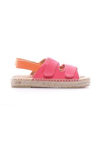Sandali in tela rosa con cinturini regolabili arancioni, retro in elastico e suole intrecciate in juta. Presentano un design a intreccio nell'area delle dita.