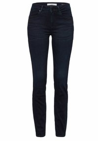 Mörkblå smala jeans i denim. De har en klassisk femficksdesign, knappstängning och lite stretch för komfort.