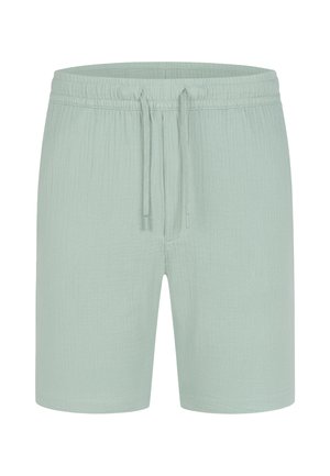 Light green shorts made of textured fabric with an elastic waistband and drawstring for adjustment. Simple, casual design without patterns.