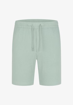 Light green shorts made of textured fabric with an elastic waistband and drawstring for adjustment. Simple, casual design without patterns.