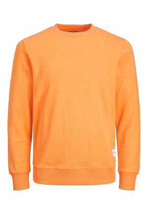 Sweat-shirt orange à manches longues avec col rond, poignets et ourlet côtelés, petite étiquette visible près de l'ourlet inférieur sur le côté droit.