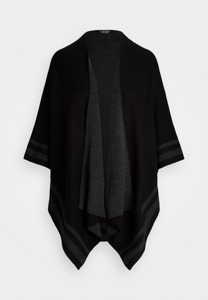 Schwarzer Poncho mit einem drapierten Design. Verfügt über einen geschichteten Look in verschiedenen Schwarz- und Grautönen mit horizontalen Streifen am Saum.