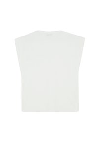 White oversized t-shirt with a wide neck and short sleeves. Made from a smooth, lightweight fabric. Simple, unadorned design.