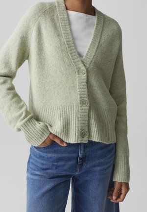Person wearing a light green buttoned cardigan over a white shirt and blue jeans, with one hand in pocket and the other relaxed by side.