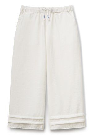 Witte wijde broek gemaakt van lichtgewicht materiaal, met een elastische tailleband met een trekkoord en omgefouwde boorden aan de onderkant.