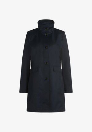 Donkerblauwe, knielange jas van gladde stof. Hoge kraag, zes knoopsluitingen en twee voorzakken met een strak, gestructureerd ontwerp.