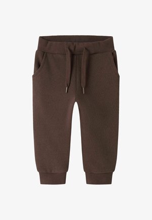 Pantalon en tricot marron pour tout-petit avec poignets côtelés, taille élastique, cordon de serrage et poches avant sur fond blanc.