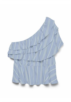 Blå en-skulder topp med lagdelte volanger og lys stripete mønster. Laget av mykt stoff; har innsamlet midje for ekstra tekstur.