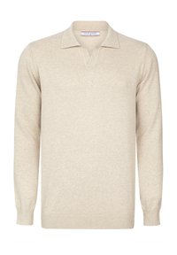 Lysebeige striktrøje med V-hals og kort krave. Lange ærmer, ribstrikkede manchetter og kant, lavet af blødt materiale med en glat tekstur.