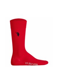 Calzino rosso in cotone con polsini a coste, logo U.S. Polo Assn. ricamato di colore blu navy sul lato e testo bianco sulla punta.