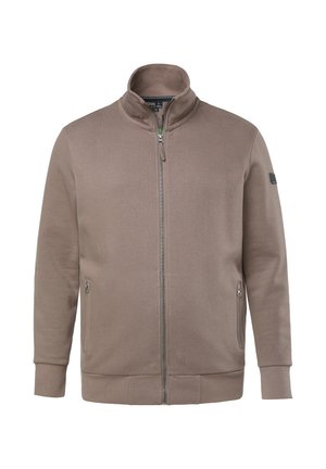 Bluza taupe na zamek błyskawiczny z kołnierzem typu stójka, dwoma zamykanymi na zamek kieszeniami bocznymi, ściągaczami na rękawach i małą naszywką z logo na lewym rękawie.