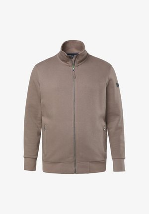 Taupekleurig sweatshirt met volledige ritssluiting, opstaande kraag, twee zijzakken met rits, geribde manchetten en een klein logovlekje op de linkermouw.