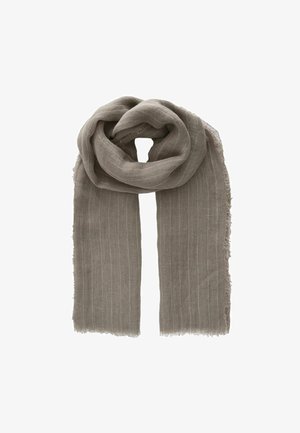 Lys grå tørklæde med lodrette striber, lavet af blødt stof, med frynser i kanterne og et løs draperet design.