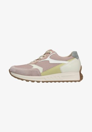 Sporty sneaker with a pink and green upper, featuring mesh and suede materials, white accents, and a rubber sole for traction.