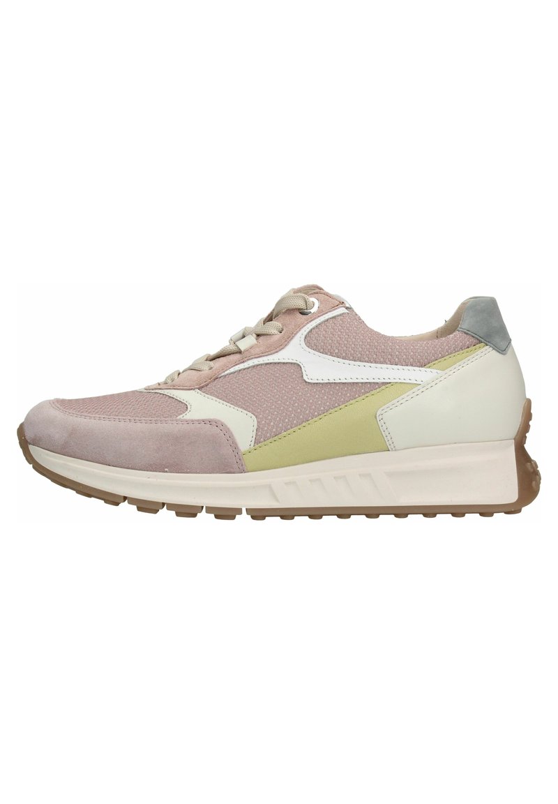 Sportlicher Sneaker mit einem Obermaterial in Pink und Grün, das aus Mesh und Wildleder besteht, weißen Akzenten und einer Gummisohle für Traktion.