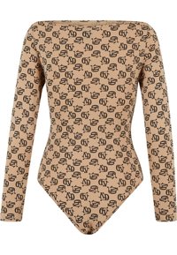 Body à manches longues en tissu beige avec des motifs graphiques noirs répétitifs. Présente un décolleté arrondi et une silhouette ajustée.
