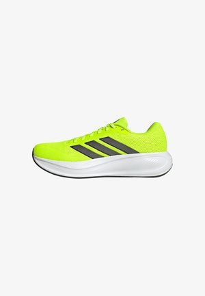 Neon-gelber Laufschuh mit schwarzen Streifen und weißer, gepolsterter Sohle, im Seitenprofil vor weißem Hintergrund gezeigt.