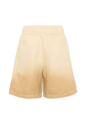 Pantaloncini beige con vita elastica e un leggero effetto sfumato, che arrivano a metà coscia, mostrati da dietro.
