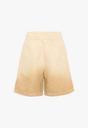 Beżowe szorty z elastycznym pasem i subtelnym efektem gradientu, sięgające do połowy uda, widoczne z tyłu.