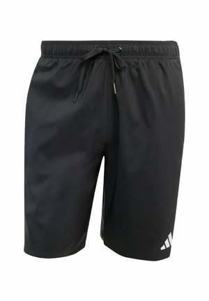 Black athletic shorts made from synthetic material, featuring an elastic waistband with a drawstring and a white logo on the lower left leg.