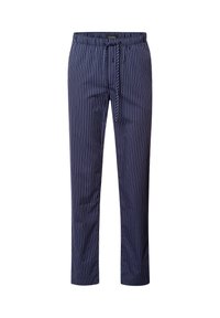 Marineblauwe gestreepte broek met een elastische tailleband, trekkoordsluiting en rechte pijpen; de stof lijkt glad met een subtiele glans.