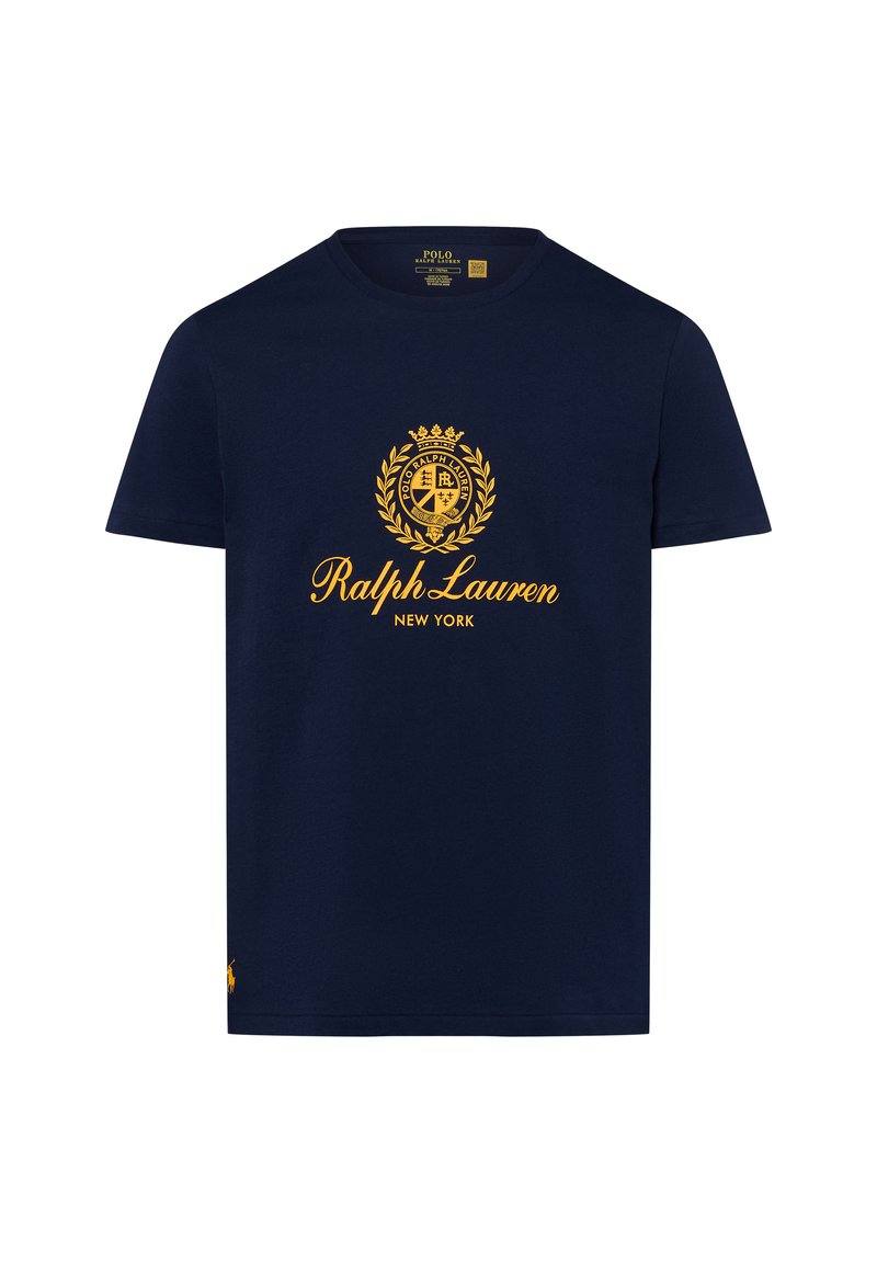 Navyblauwe Ralph Lauren T-shirt met gele lauwerkrans en de tekst "Ralph Lauren New York" gecentreerd op de borst.