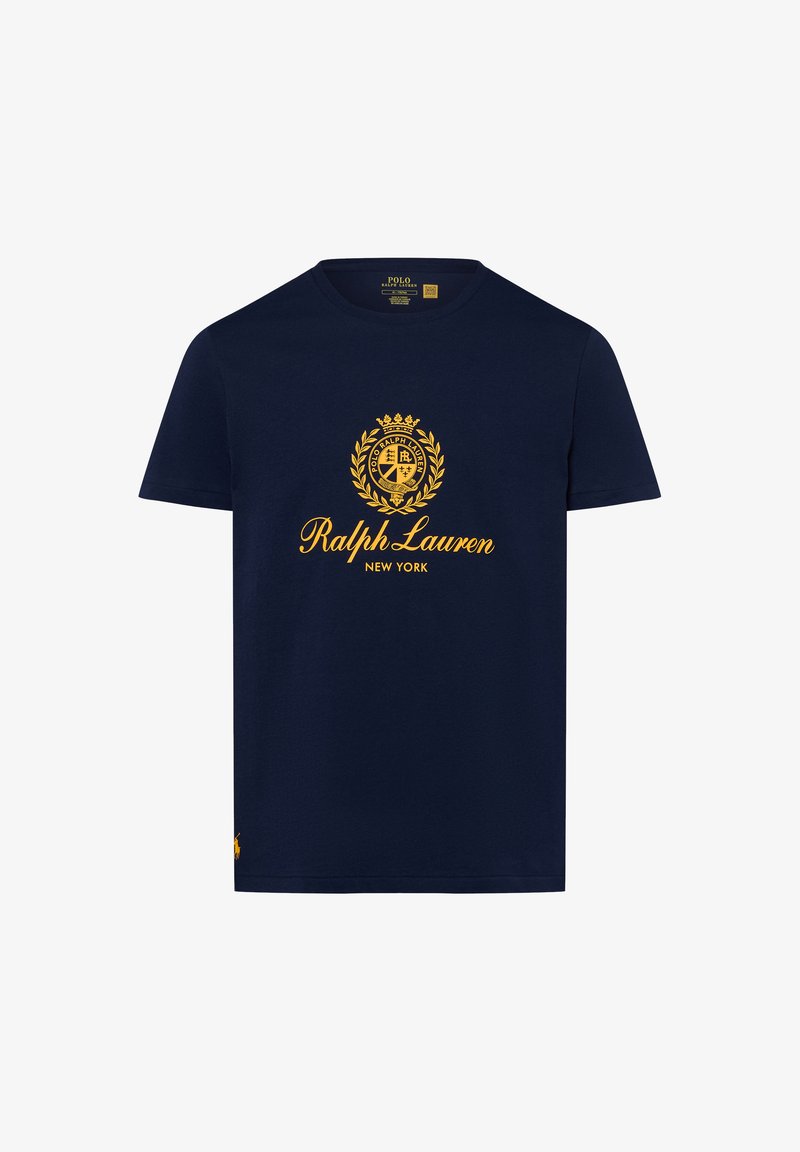 Navyblauwe Ralph Lauren T-shirt met gele lauwerkrans en de tekst "Ralph Lauren New York" gecentreerd op de borst.