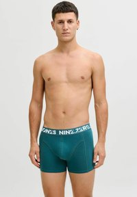 Miestne teal boxerky v elastickej látke s bielym pásom s logom. Majú priliehavý strih a dĺžku do polovice stehna.