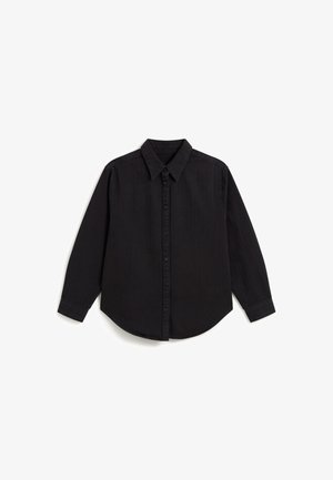 Black long-sleeve button-up shirt with a collar, laid flat on a white background.