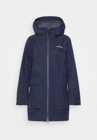 Marinblå vattentät jacka med dragkedja fram, justerbar huva och två stora fickor. Tillverkad av slätt, hållbart tyg med en elegant design.