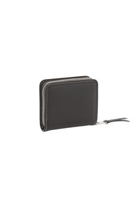 Czarna skórzana portmonetka o prostokątnym kształcie, z zamknięciem na zamek błyskawiczny i gładką fakturą. Posiada mały metalowy uchwyt na zamku.