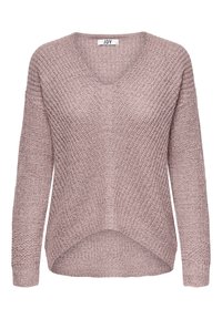 Maglione rosa lavorato a maglia con scollatura a V, maniche lunghe e vestibilità rilassata. Presenta un motivo testurizzato e un orlo leggermente curvo.