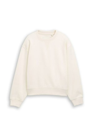Felpa color crema a maniche lunghe con scollo rotondo, polsini e orlo a coste, mostrata distesa su sfondo bianco.