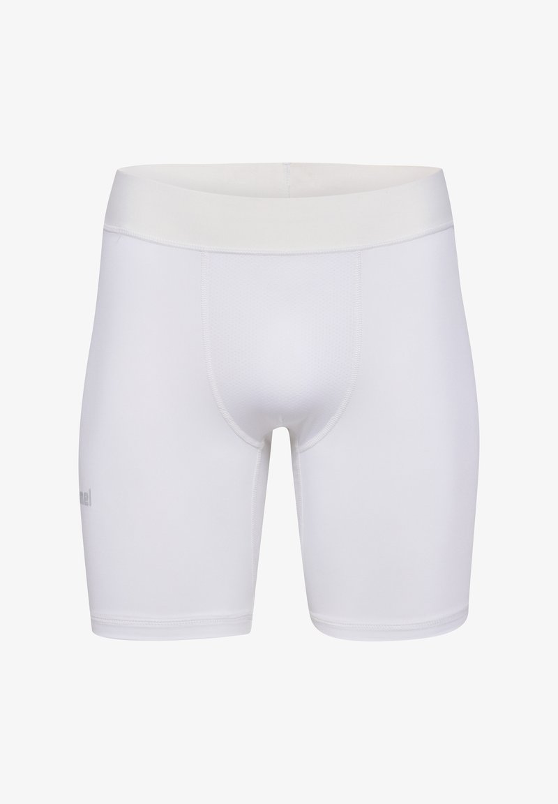 Weiße Sportshorts aus glattem, dehnbarem Stoff. Sie verfügen über eine enge Passform, einen nahtlosen Bund und ein strukturiertes Panel an der Vorderseite.