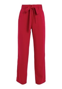 Pantalon rouge taille haute en tissu lisse. Caractérisé par une fermeture à boutons à l'avant, une ceinture à nouer et une coupe large pour un ajustement ample.