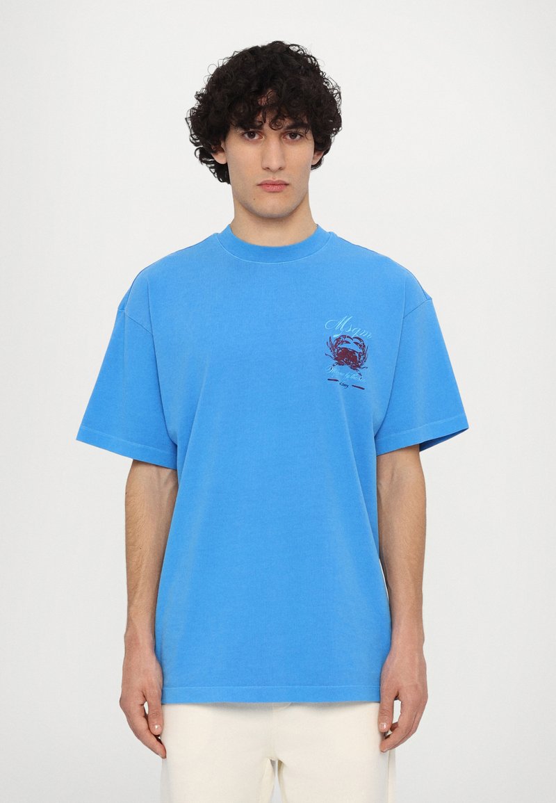 Himmelblå oversized t-shirt i bomull med kort ärm, rund halsringning och en grafisk tryck på vänster bröst.