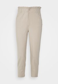 Beiga högmidjade avsmalnande byxor med elastisk midjeresår i papperspåse-stil, sidofickor och knappknäppning fram.